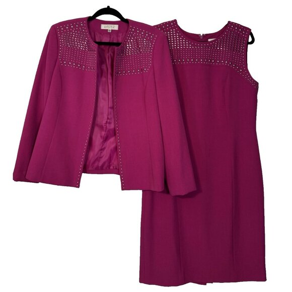 Kasper Dress & Jacket Blazer Suit Berry Pink 12 Silver Studded Neckline Stretch - Picture 1 of 15
